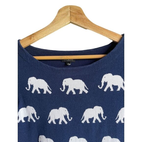 Talbots XS Elephant Allover Knit Short Sleeve Top Navy Blue White Cotton Blend - Picture 4 of 8
